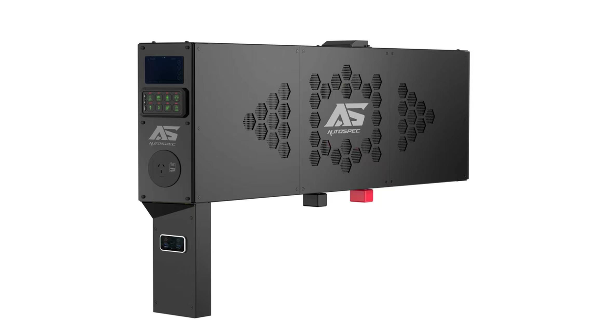 Black power system with honeycomb pattern and 'AS' logo on a white background