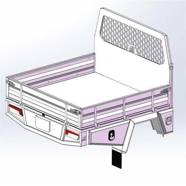 An illustration of an AS Aluminium American Truck Tray with trundle, featuring a matte black finish and equipped with features such as lockable trundle drawer, extrusion channel, checker plate flooring, and sequential LED tail lights.
