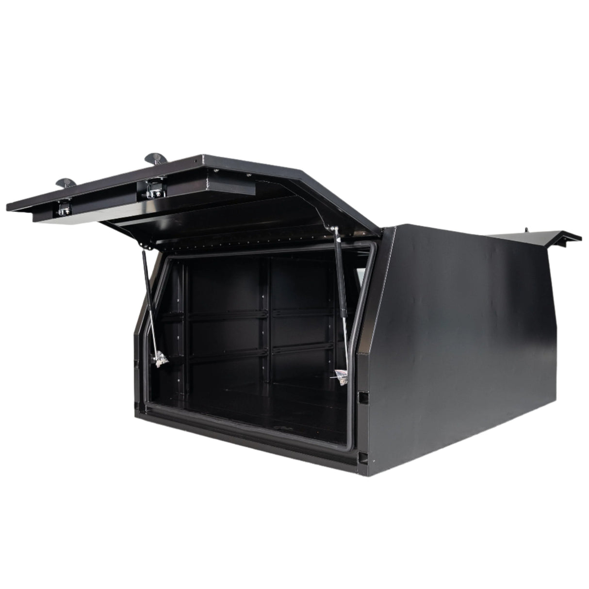 Matte black aluminum canopy for vehicle storage, shown in an open position.