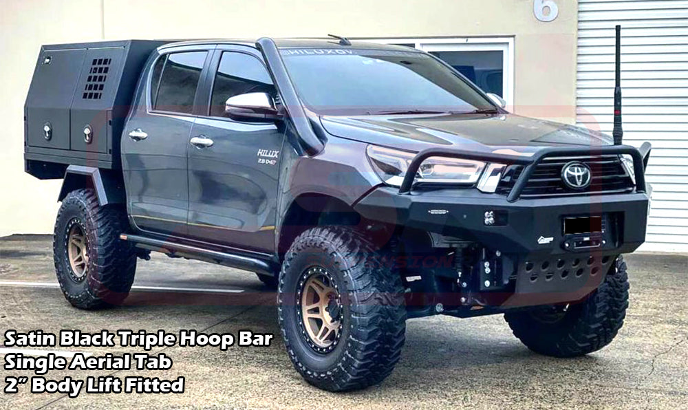 PSR Hilux N80 MK3 5/20-On Ambush Customer Painted Triple Hoop Bar, Pre-Runner Infill (2" Body Lift), Splash Guards, Slimline Black Fairlead, Sensors