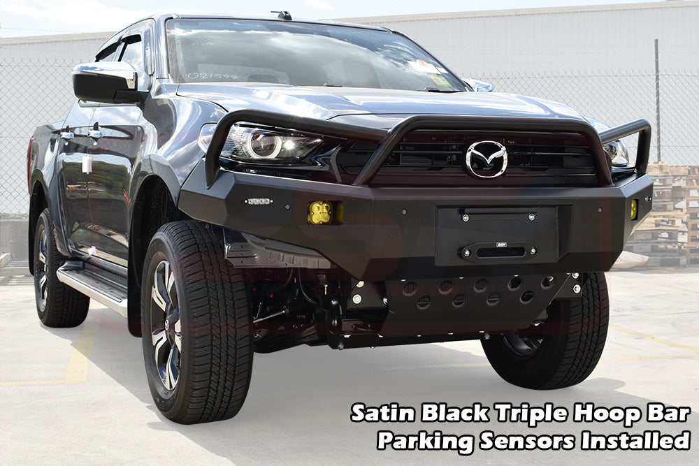 Mazda BT-50 TF 21-ON Ambush Satin Black Triple Hoop Bullbar with Factory Parking Sensors