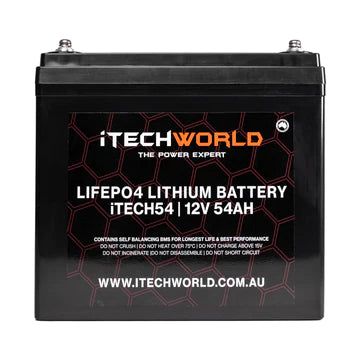 iTECH54 12v 54Ah Lithium Ion Battery - LiFePO4 Deep Cycle Camping RV Solar Slim Line